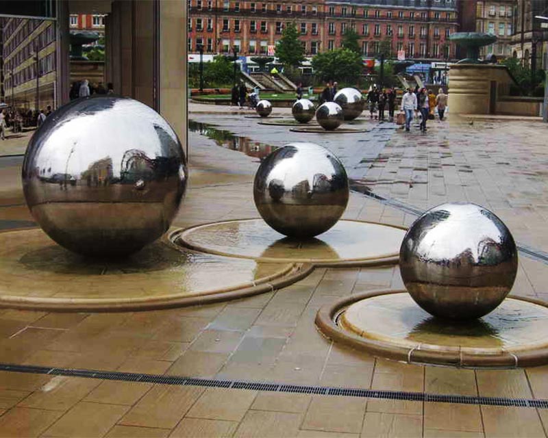 Large Steel Water Feature Spheres in Public Courtyard